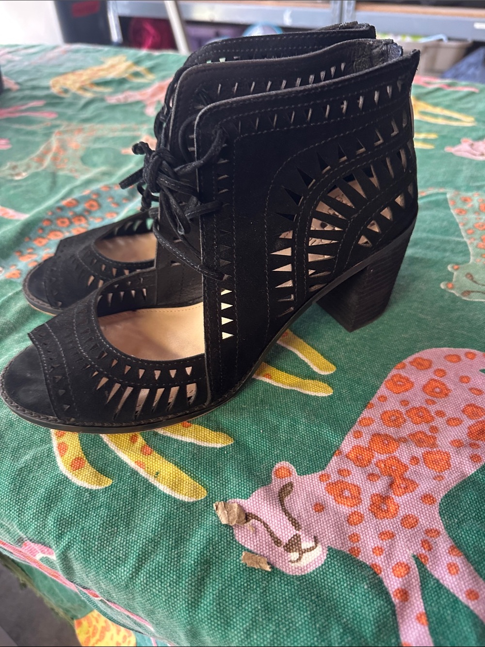 Vince Camuto Black Laser-Cut Lace-Up Peep Toe Heels